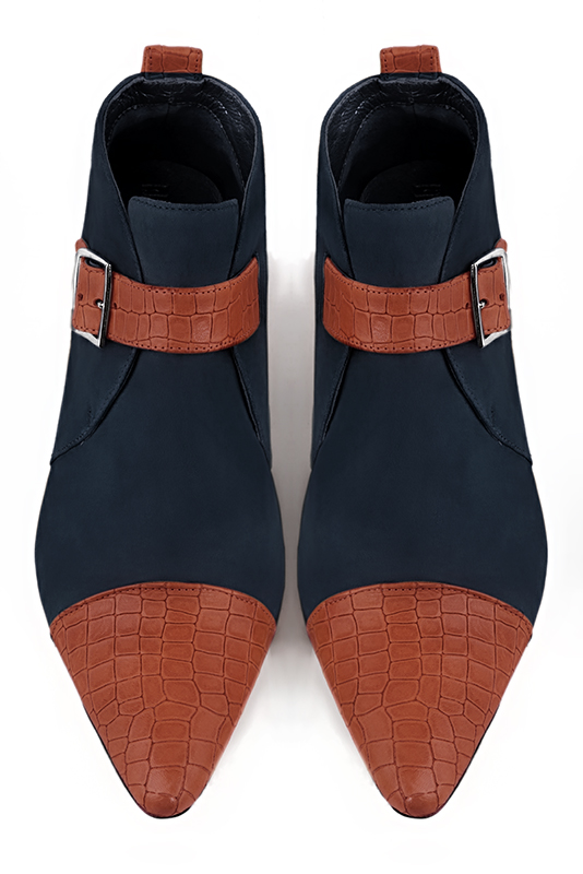 Terracotta orange and navy blue women's ankle boots with buckles at the front. Tapered toe. Low cone heels. Top view - Florence KOOIJMAN